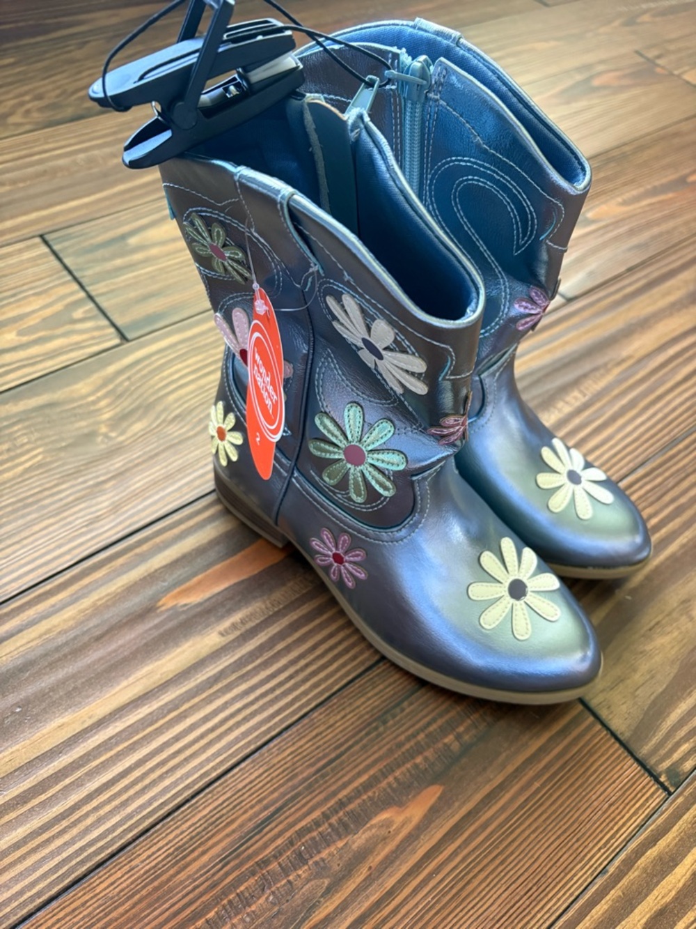 Girls Metallic Gray Flower Cowboy Boots - Kids Shoes